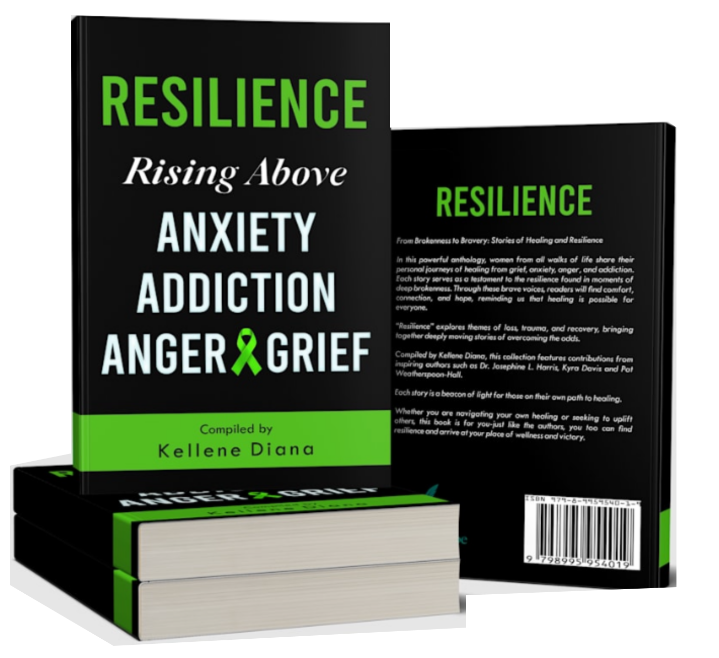 RESILIENCE original book mockup, featuring the front cover, back cover, and stacked copies